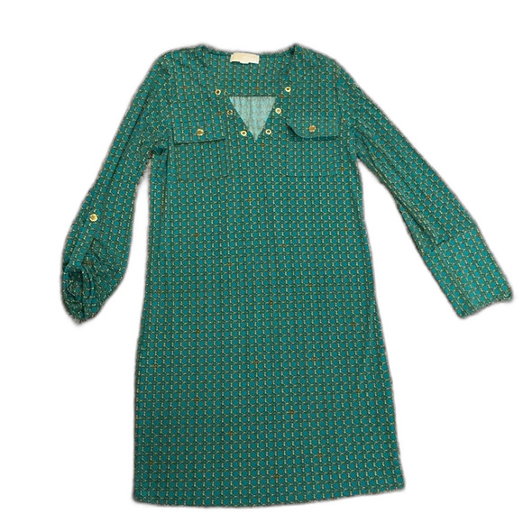 Michael Kors Jade Green Gold Chain Print Silky Knee Length Shift Dress Size S - Picture 1 of 11